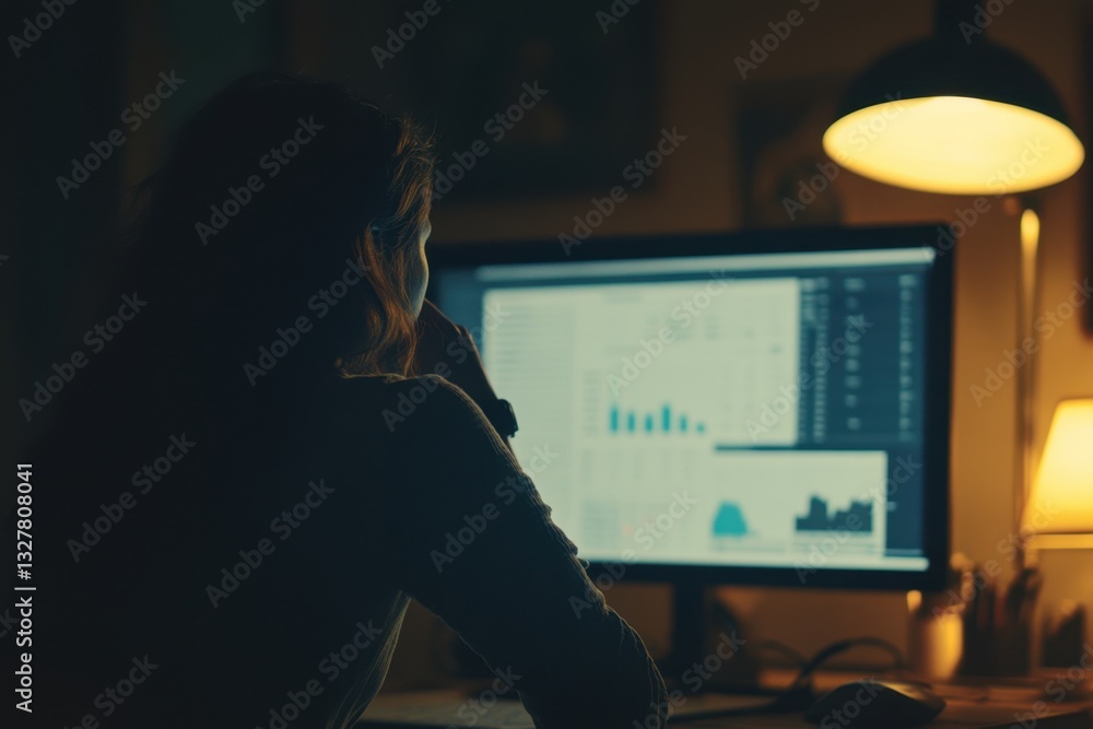 Poster a person sits at their desk, focused on working late into the night with charts and graphs displayed