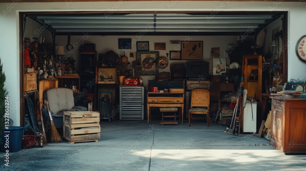 Poster a garage interior filled with various collections of objects
