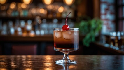 A refined Black Rob Roy cocktail made with Scotch whisky, herbal liqueur, and sherry. Displayed in a cozy bar atmosphere, vertical image.
