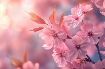 Fototapeta premium Beautiful Cherry Blossom Branch with Pink Flowers and Soft Sunlight in the Background Creating a Serene Spring Atmosphere