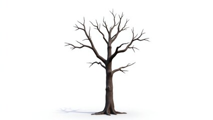 Dry branch of a large dead tree featuring cracked dark bark. A beautiful old tree stands isolated against a white background. A single old and dead tree in nature. An alone wooden trunk in a forest...