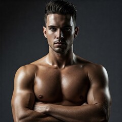 Fototapeta premium Manly, muscular man with exposed torso and crossed arms, looking confidently at the camera, isolated on a gray background