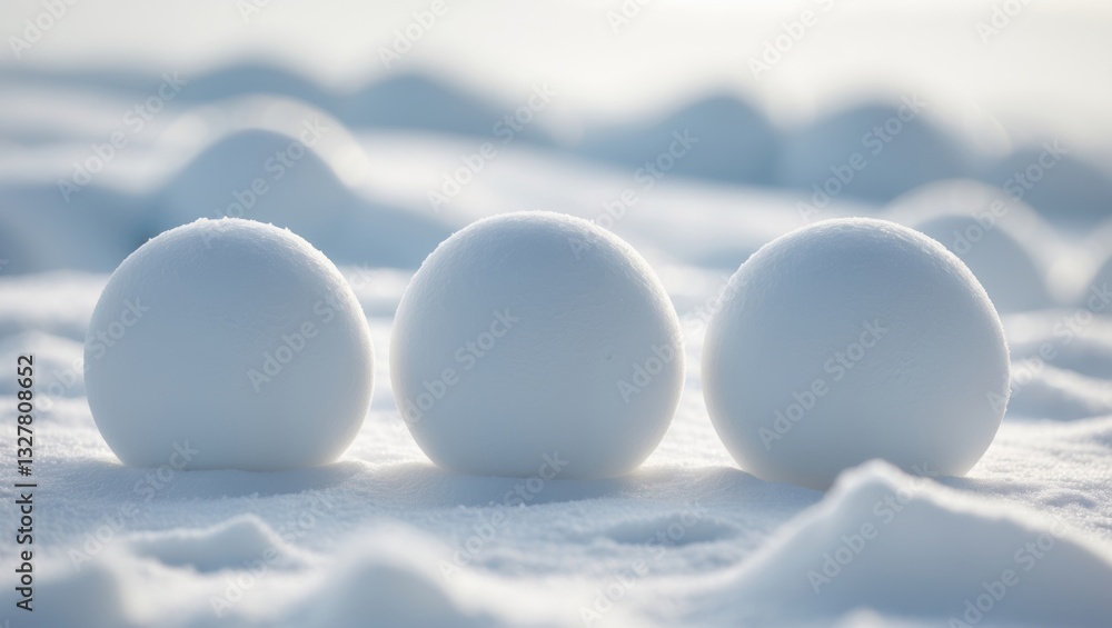 Poster Group of snowballs on a textured background of snow. Close-up image.