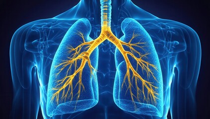 Illustration of human respiratory system with highlighted bronchial tree, showcasing lungs and trachea.