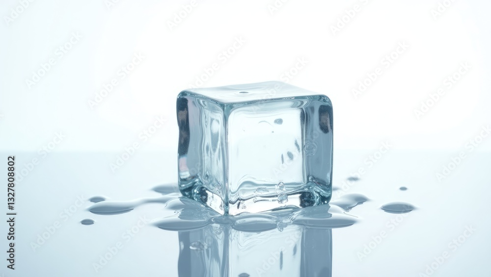 Poster natural crystal clear melting ice cube on white background with reflection.