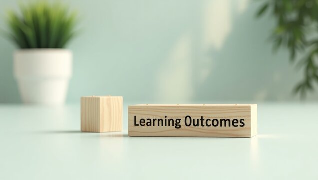 On a light background, wooden cubes and a wooden block displaying the text Outcomes. Top-down view.