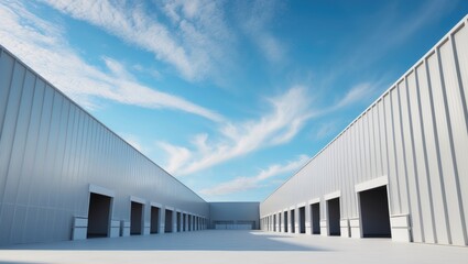 Fototapeta premium Factory Building in Minimalist Panoramic Setting with Grey and White Corrugated Metal Wall against Blue Sky, Geometric Industrial Warehouse Structure in Perspective and Panorama View