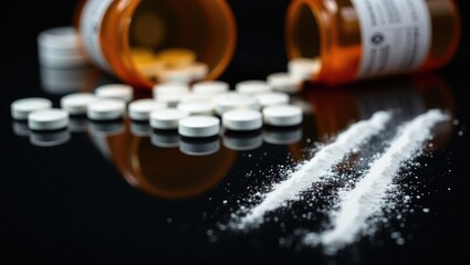White tablets and powdered fentanyl dispersed on a reflective surface, highlighting the critical challenges of addiction and drug misuse impacting individuals and communities.