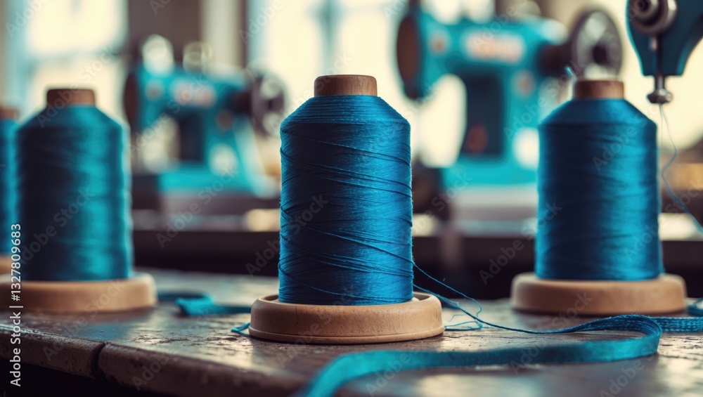 Poster closeup of spools of color threads on a spinning machine