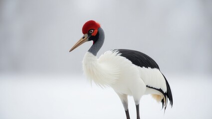Obraz premium The Red-crowned crane, Grus japonensis, is depicted standing in a stunning winter landscape, showcasing a wildlife scene from Asian nature. This is a close-up portrait.