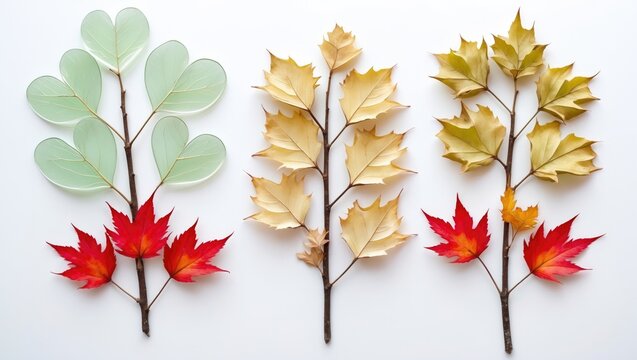 Small tree branches featuring dried leaves set against a white background.