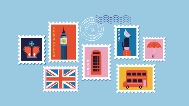 Britain Travel Stamps Collection. Vector Illustration of London Icons and British Symbols
