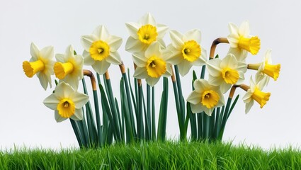 spring narcissus flowers in green grass set against a white background