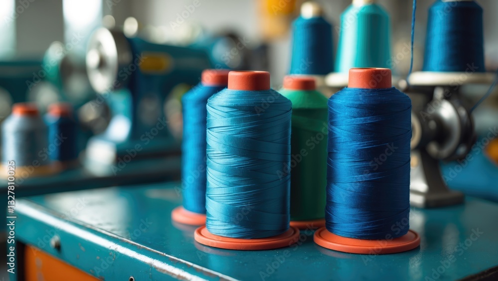Poster close-up of spools of color threads, spinning machine