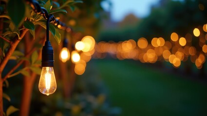 Illumination of holiday lights glimmering in the garden with electric garland bulbs casting a warm glow, featuring round bokeh in the evening that brightens the night scene of an outdoor landscaped...