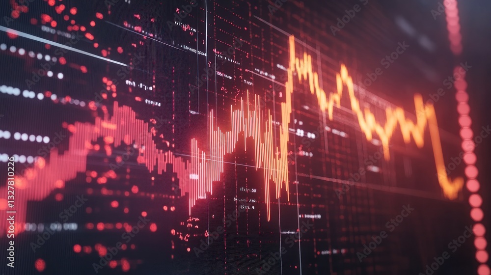 Poster abstract visualization of fluctuating financial data displayed on a digital screen, showcasing trend