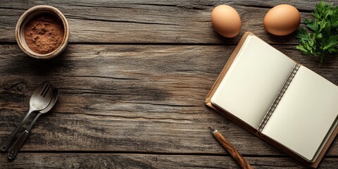 Baking ingredients arrangement with open blank recipe book and utensils on rustic wood background