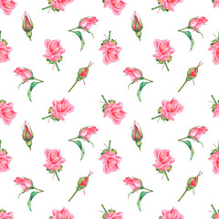 Seamless pattern of watercolor illustrations of pink roses. Hand drawn watercolor illustration of pink roses pattern. Ideas for weddings, birthdays, children's parties.