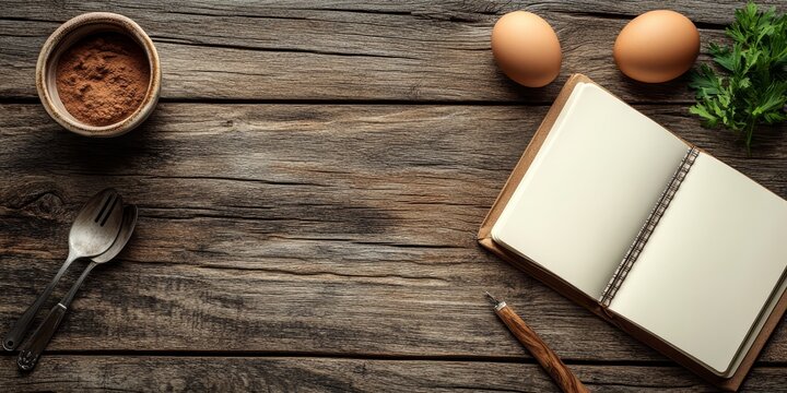 Baking ingredients arrangement with open blank recipe book and utensils on rustic wood background - Powered by Adobe