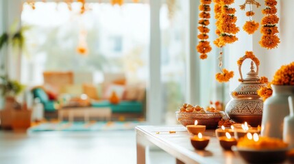 Warm-toned home interior with candles and floral decorations.