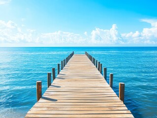 Fototapeta premium Long wooden pier stretching into the blue sea on sunny day