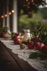 Red apples and honey on a lace-covered table. Rustic autumnal setting.