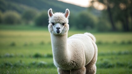 Obraz premium Funny white alpaca with a lot of wool is lounging in the meadow.