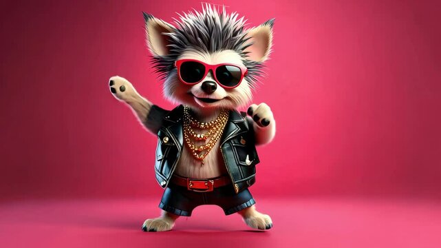 Happy Dancing Punk Rock Dog Wearing Sunglasses Dancing on a Pink Background 