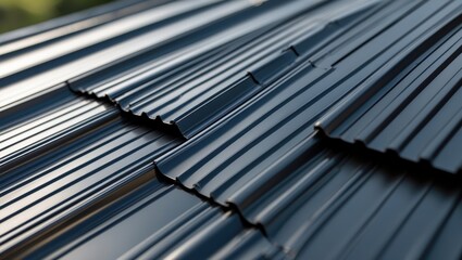 Obraz premium Close-up view of lightweight galvanized steel roofing sheet. Modular tile effect roof panel. Traditional metal shingle tiles. Common profiled metallic pantile resembling clay or concrete slate.