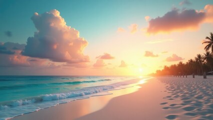 Naklejka premium Sea sand sky concept featuring sunset colors with clouds on the horizon, creating a horizontal background banner. An inspirational nature landscape showcasing beautiful colors and the wonderful sce...