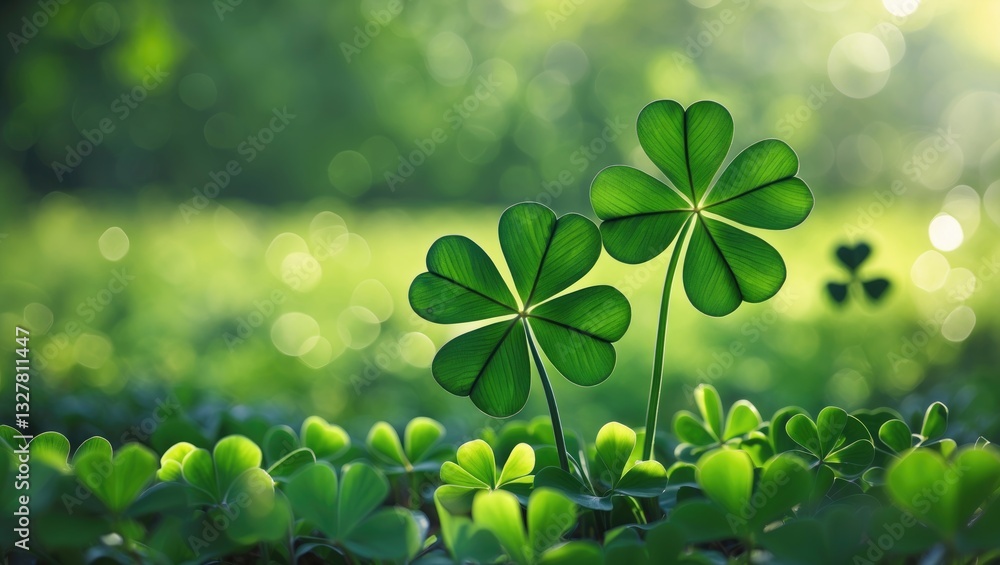 Poster green background featuring three-leaved shamrocks, lucky clover in the field as a symbol for the hol