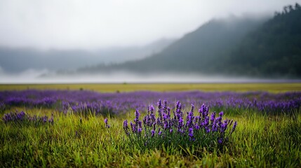Naklejka premium A field with many purple flowers in the foreground and a hazy mountain in the background is described