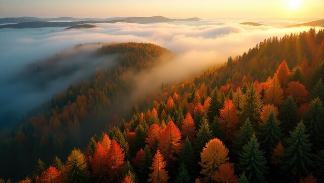 Aerial perspective of a stunning vibrant autumn forest amidst low clouds at sunrise. Top view of orange and green trees in the fog at dawn. Overview of woods. Nature backdrop. Multicolored foliage.