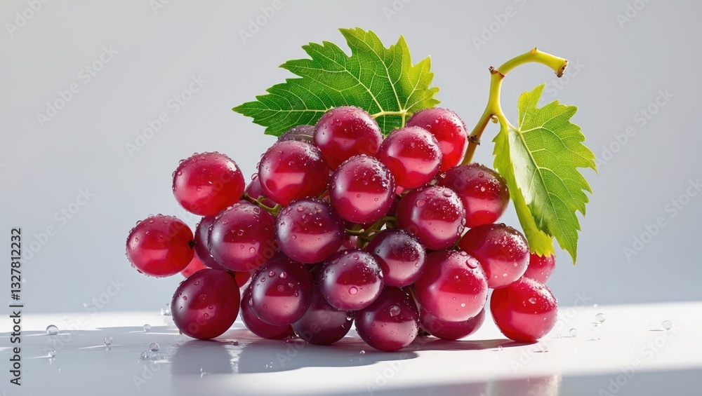 Poster small cluster of red table grapes with grape leaves adorned with water droplets isolated on a backgr