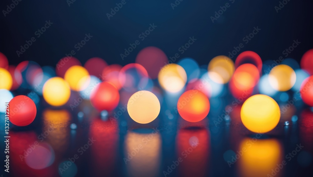 Poster abstract vibrant bokeh orbs on dark backdrop, colorful defocused light dot pattern, festive overlay 