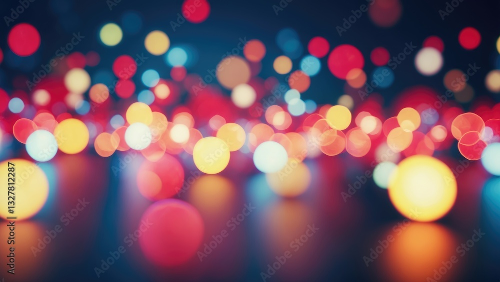 Poster abstract colorful bokeh spheres on a dark backdrop, vibrant out-of-focus light dot pattern, festive 