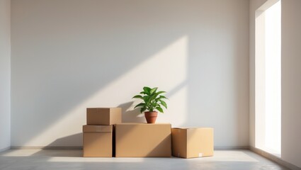 New home idea. Boxes in vacant room.