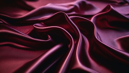 Fototapeta premium Blur of deep red satin fabric featuring soft, smooth folds and a glossy sheen. The opulent color and texture accentuate the luxurious and sophisticated nature of the material.