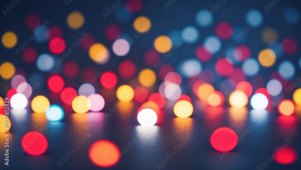Poster abstract colorful bokeh orbs on dark backdrop, vibrant blurred light dots pattern, festive overlay t