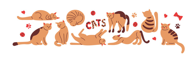 Cute Cats. Abstract cat icon set collection. Hand drawn characters in different action and movement set. Purebred pet animals isolated on white background. Kitten vector illustration in doodle style