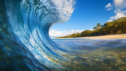 Inside Ocean Wave Barrel with a Sandy Beach and Clear Blue Sky. Copy space. Generative AI
