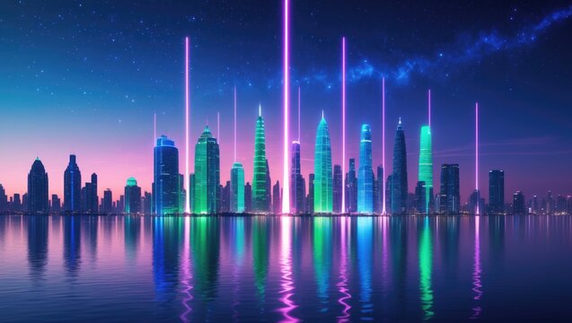Smart city dot point connected with gradient grid lines, connection technology metaverse theme. Night cityscape banner.