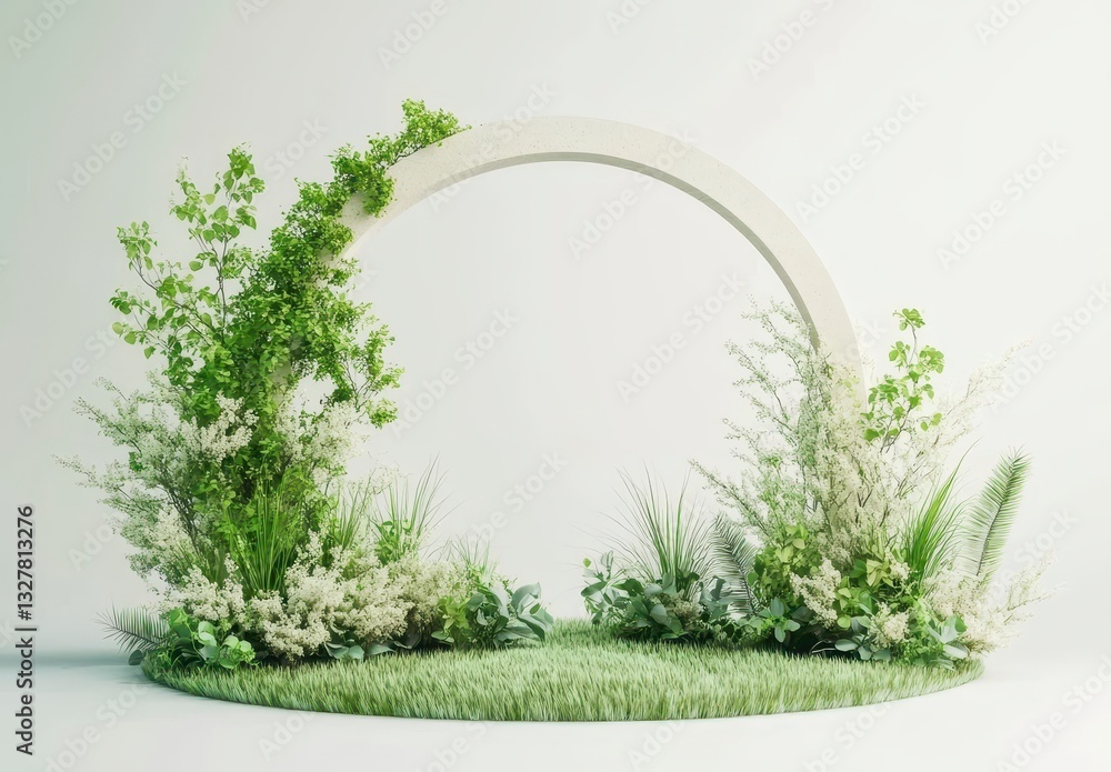 Poster a minimalist floral arrangement featuring greenery around a circular arch, creating a serene and mod