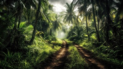 Obraz premium Lush Jungle Path, Sunlight Peeking Through