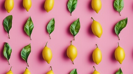 Fototapeta premium Lemons and green leaves on a pink background with a pink backdrop