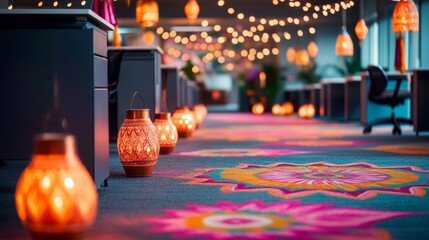 Illuminated lanterns line a vibrant, patterned floor in an office setting, creating a warm and festive atmosphere.