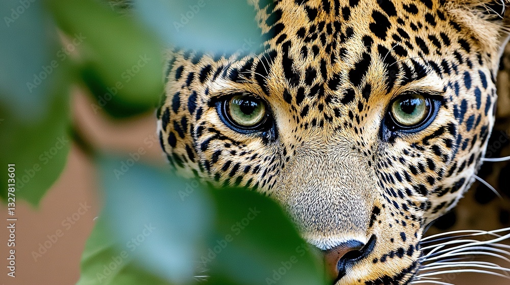 Poster a close-up of a leopard's face with a plant in the foreground and a building in the background