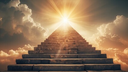 Stairway ascending towards a bright sky.