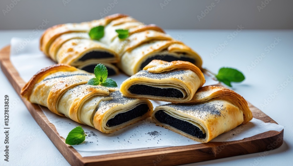 Poster homemade slices of poppy seed strudel isolated on a white background.
