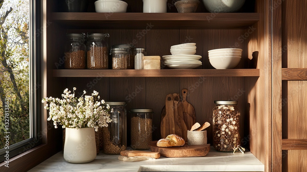 Poster wooden shelf with assorted jars & containers on white counter next to window